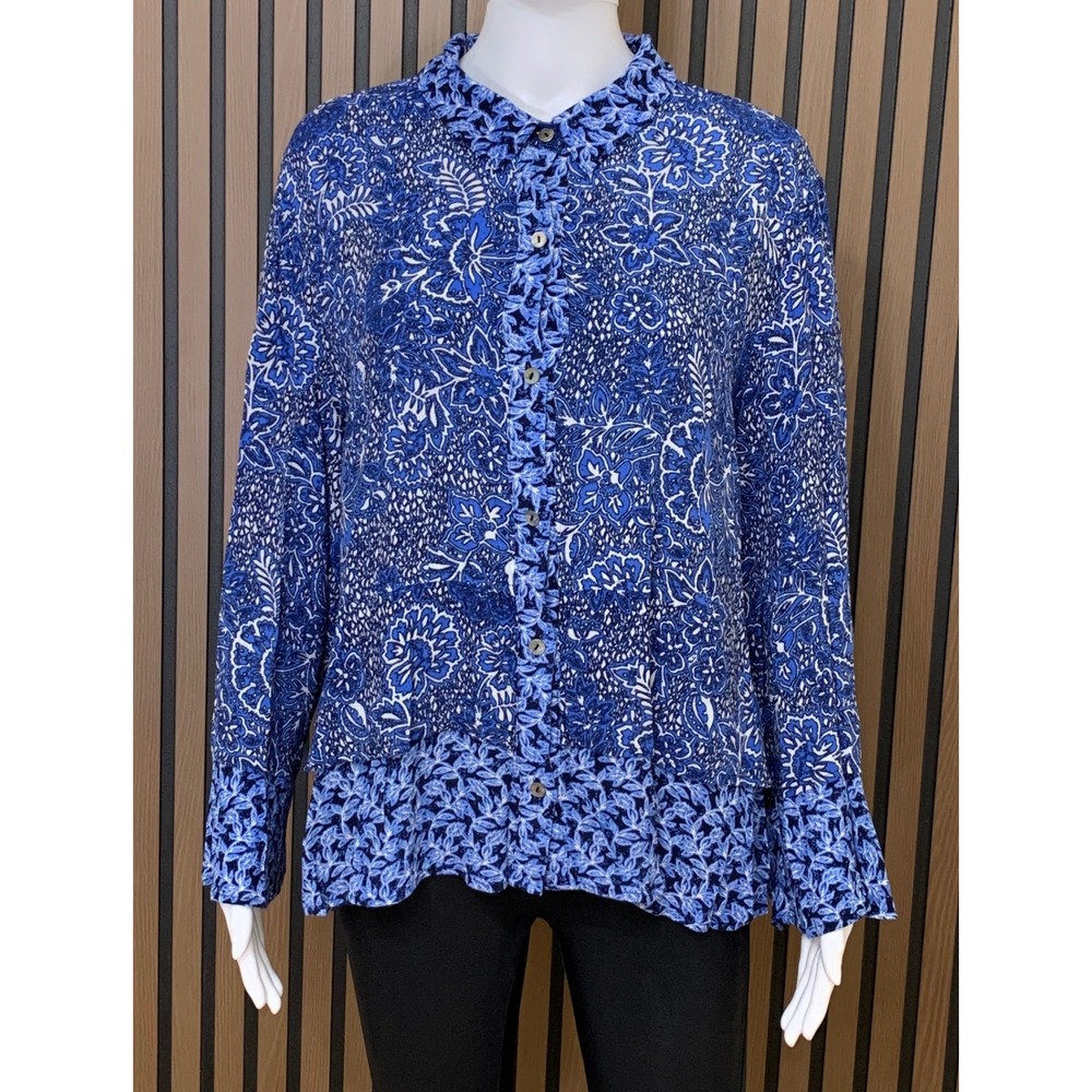 Habitat Clothes to Live In Blue Floral Ruffle Button Front Blouse XL Lagenlook